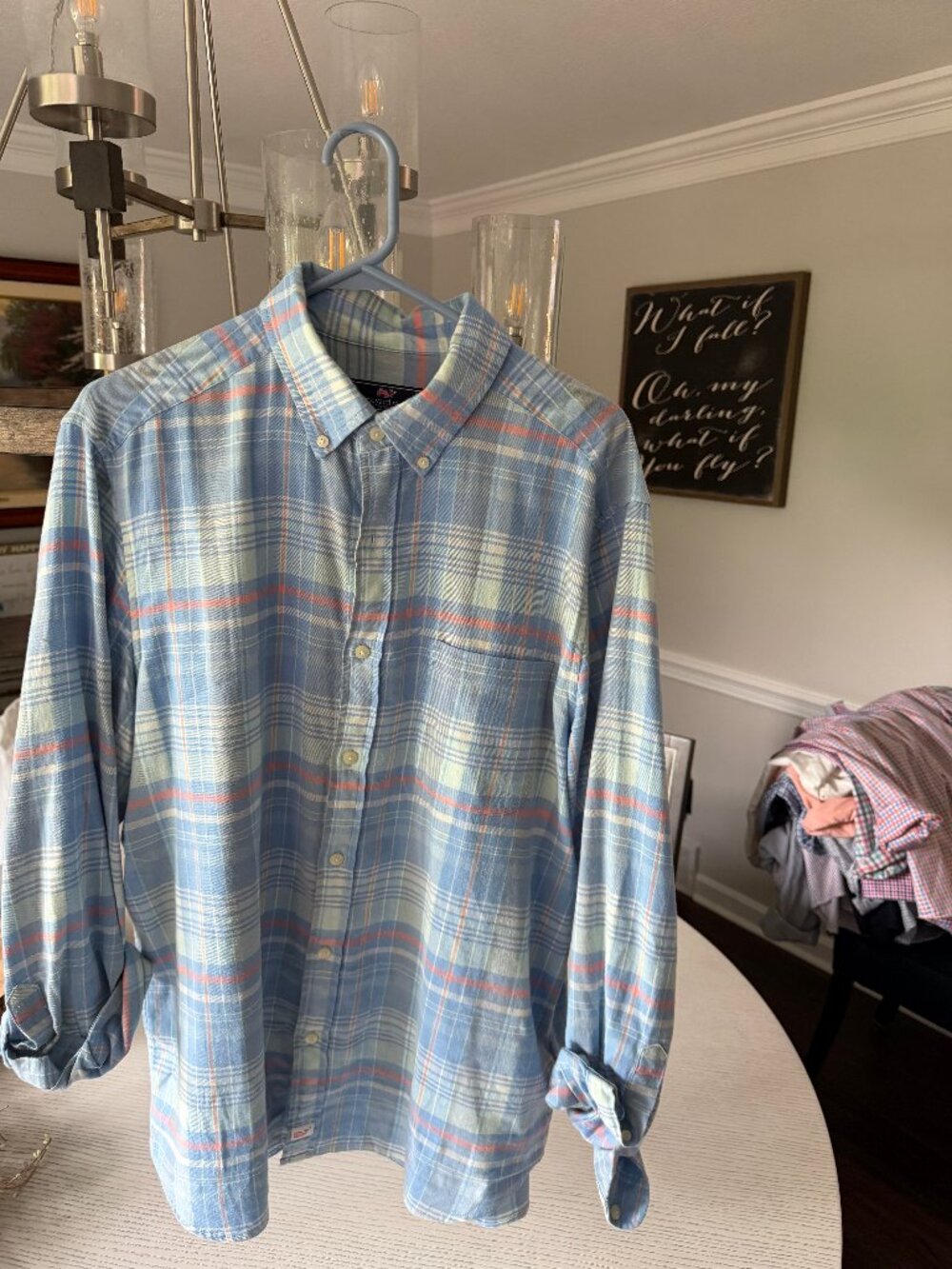 Vineyard Vines Classic Fit Murray Shirt Blue White Coral Plaid Linen Men's L